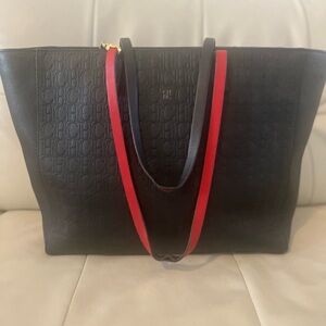 Authentic Carolina Herrera Black embossed logo XL Tote with Red Straps